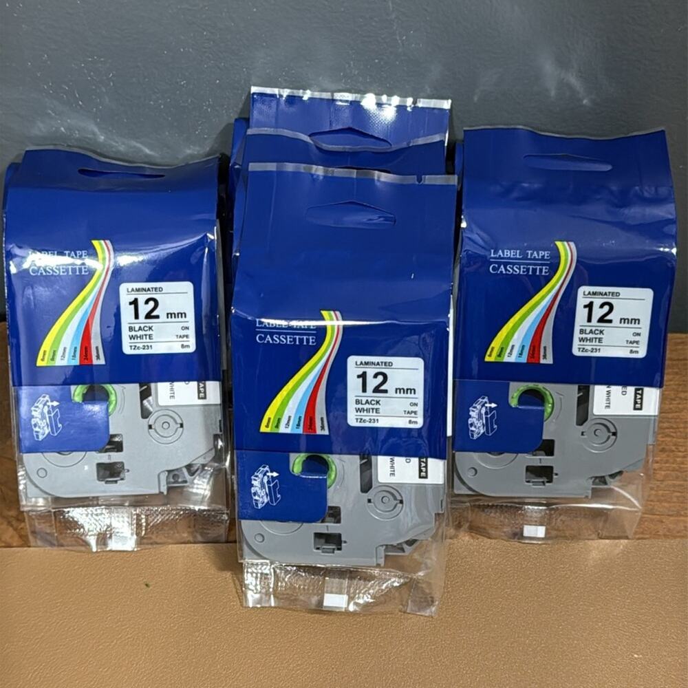 Set of 10 label tape cassette laminated 12 mm black on white tape TZc-231 NEW